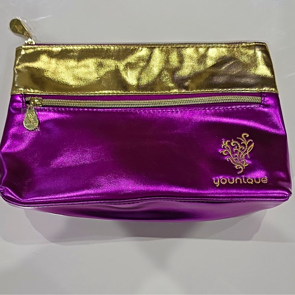 Younique Metallic Purple & Gold Zipper Makeup Cosmetic Bag Pouch NWOT